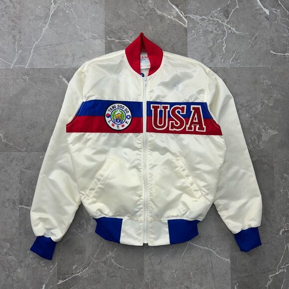 80S VINTAGE KARATE BOMBER JACKET MENS MEDIUM SATIN COAT TANG SOO DO PITTSBURGH